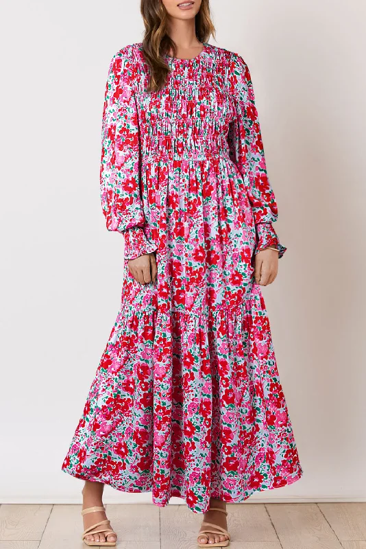 Blue Zone Planet |  Sky Blue Floral Print Smocked Lantern Sleeve Tiered Maxi Dress Stylish Boho Chic Maxi Dress