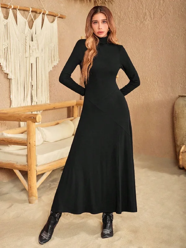 Blue Zone Planet |  Turtleneck Long Sleeve Maxi Dress Trendy Maxi Dress with Bow