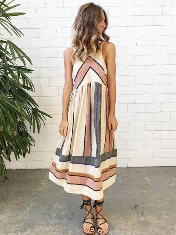 Boho Beach O Neck Sleeveless Print Stripe A Line Maxi Dress Chic Off-Shoulder Maxi Dress