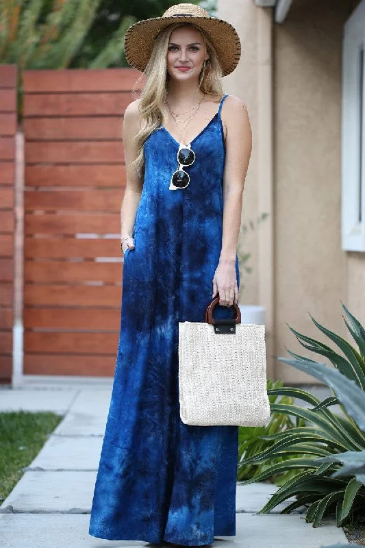 Boho Tie -Dye  Maxi Dress With  Pockets Fashionable Chiffon Tiered Maxi Dress