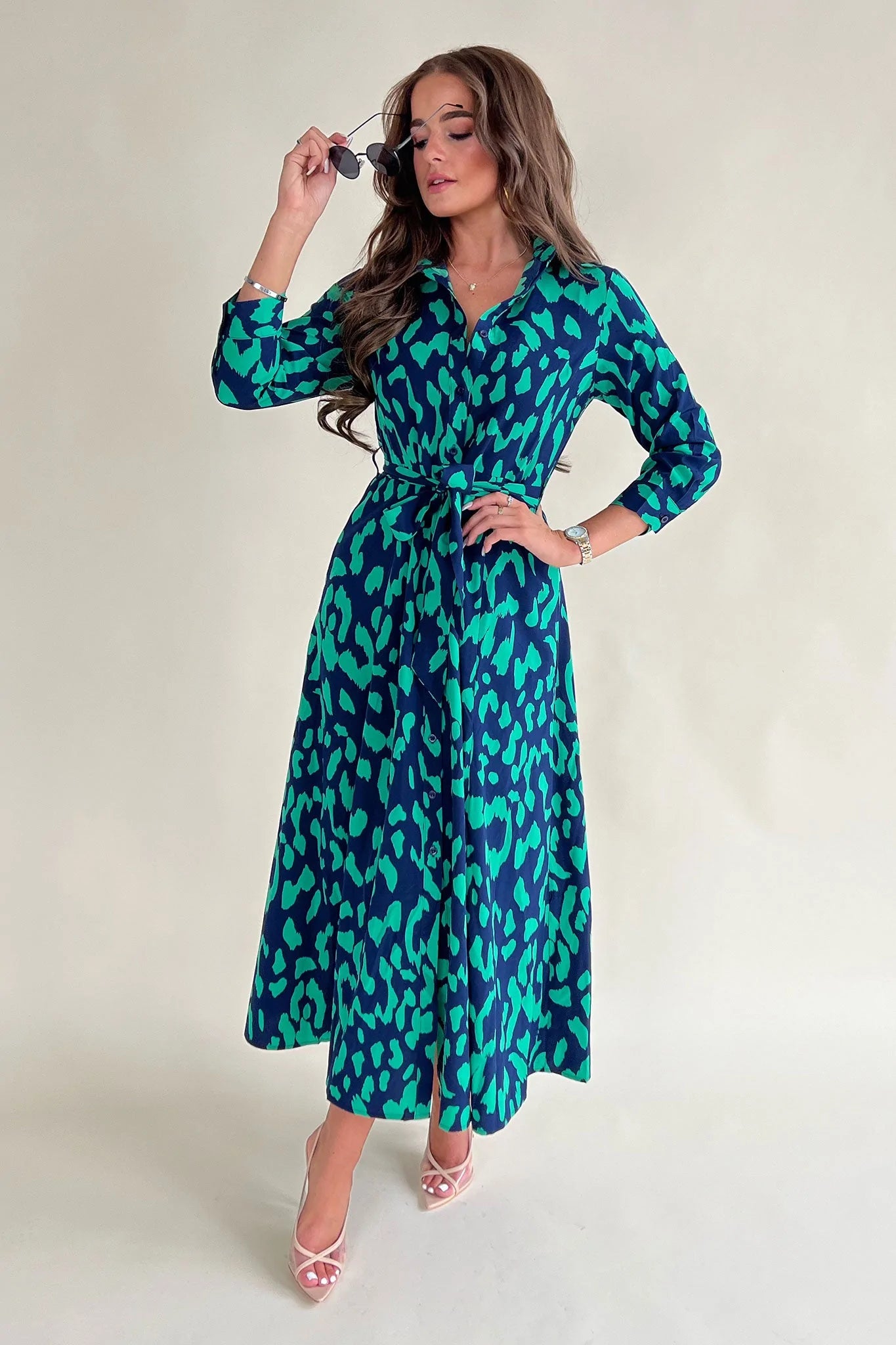 Breanna Navy Green Print Shirt Pocket Maxi Dress Comfortable T-Shirt Maxi Dress