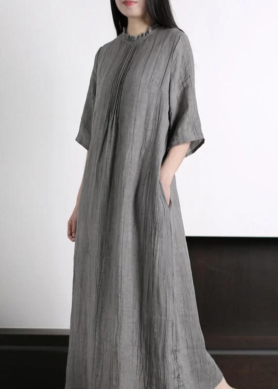 Brief Grey Ruffled Wrinkled Vacation Ramie Maxi Dresses Half Sleeve Cozy Maxi Dress with Slit
