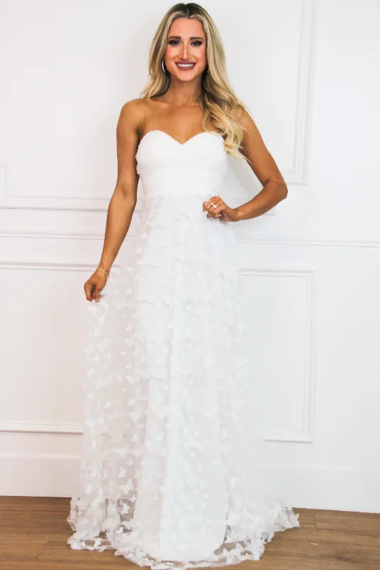 Butterfly Kisses Strapless Applique Maxi Dress: White Trendy Floral Print Maxi Dress Butterfly Kisses Strapless Applique Maxi Dress: White Trendy Floral Print Maxi Dress