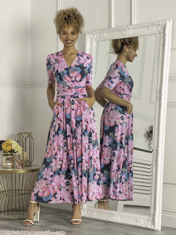 Calais Half Sleeve Maxi Dress, Pink Multi Stylish One-Shoulder Maxi Dress