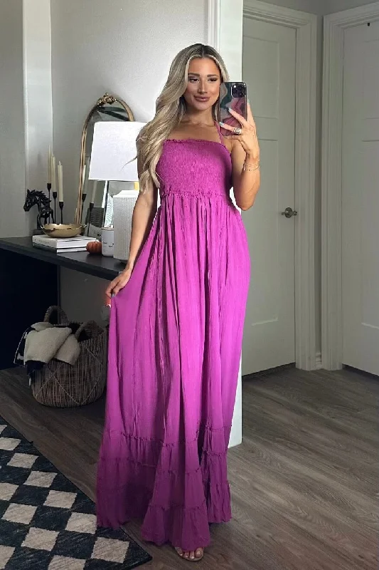 Chandler Smocked Open Back Maxi Dress: Orchid Cozy Ruffle Sleeve Maxi Dress