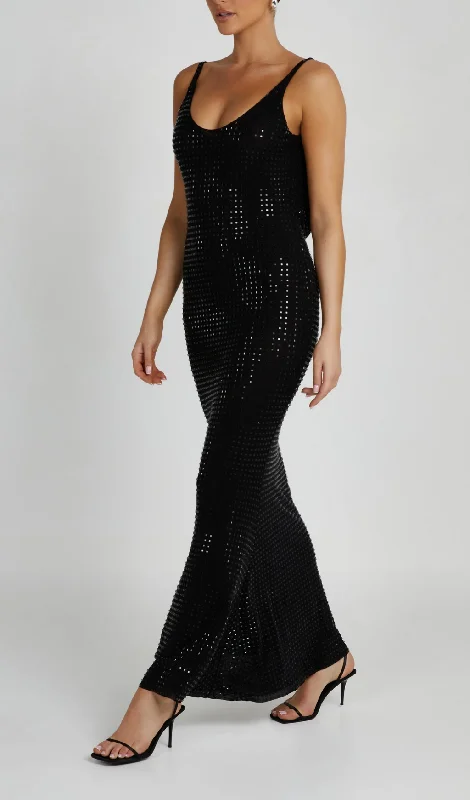 CHESSIE BLACK SEQUIN MAXI DRESS Casual Maxi Dress with Pockets