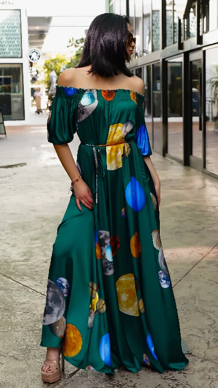 "Universe Awaits" Clio Maxi Dress, Solar System Trendy Floral Print Maxi Dress