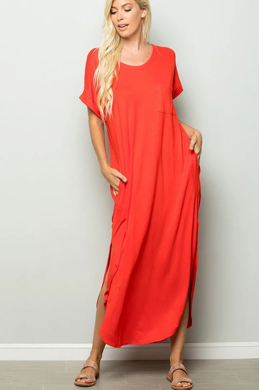 CORAL MAXI DRESS WITH FRONT POCKET & SIDE SLITS Trendy Maxi Dress with Belt