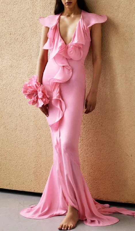 DEEP V-NECK RUFFLED FLORAL EMBELLISHED MAXI DRESS Trendy Maxi Dress with Straps
