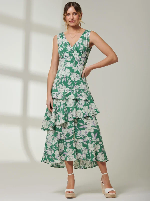 Della Crepe Frill Hem Maxi Dress, Green Floral Comfortable Maxi Dress with Sleeves