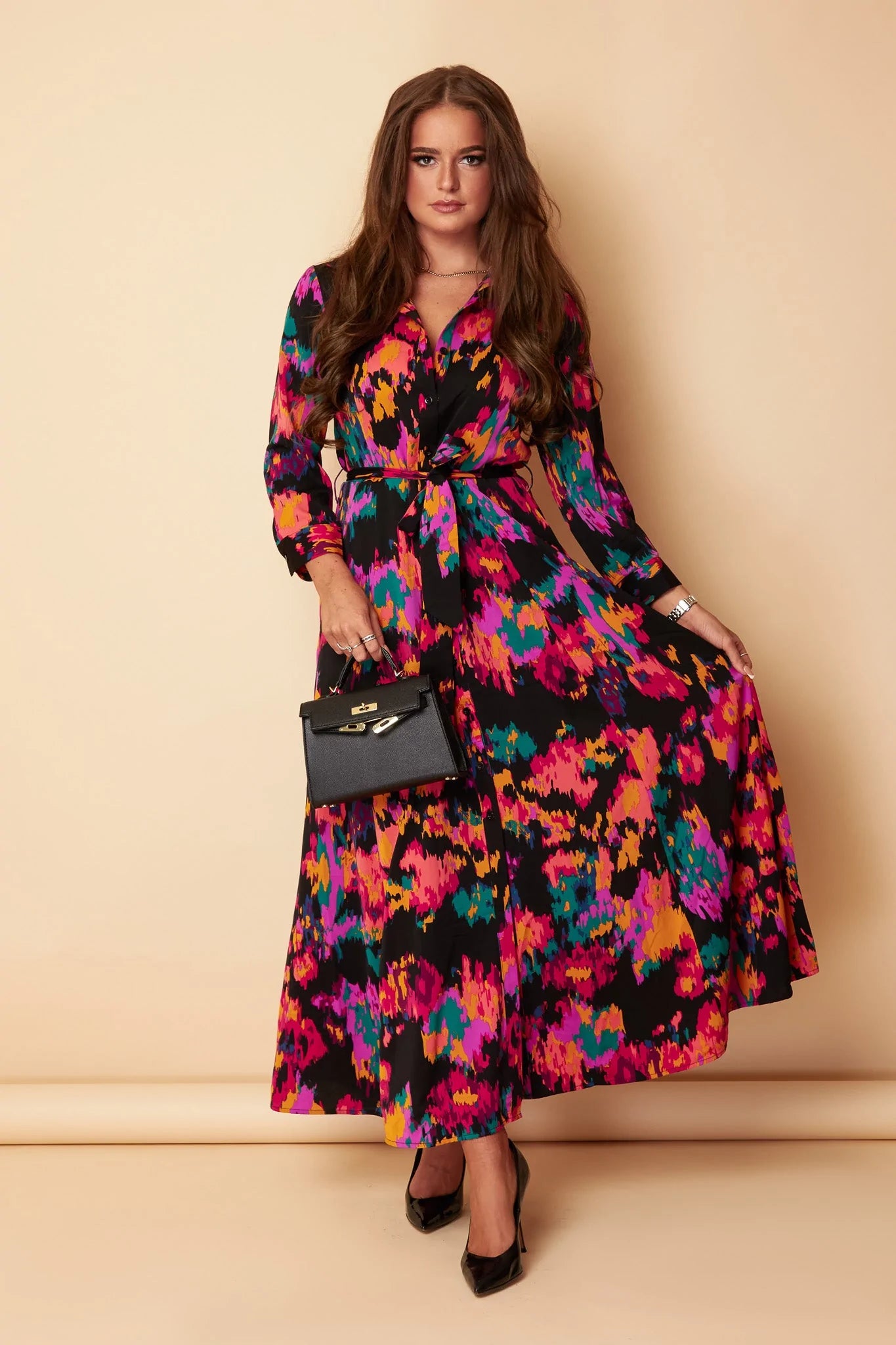 Dora Multi Print Abstract Shirt Pocket Maxi Dress Classic V-Neck Maxi Dress
