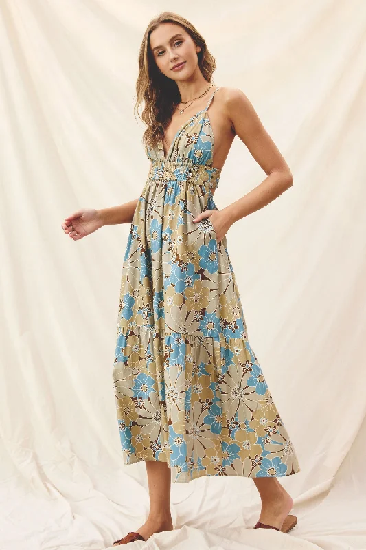 Lily Pad Cutout Detail Maxi Dress - Taupe/Blue Floral Trendy Ruffled Maxi Dress
