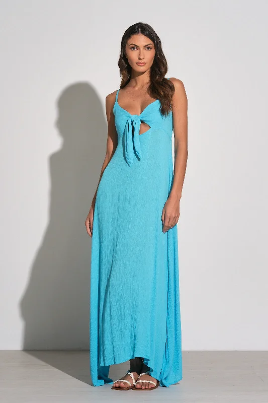 Spaghetti Strap Tie Front Maxi Dress - Aqua Trendy Ruffled Maxi Dress