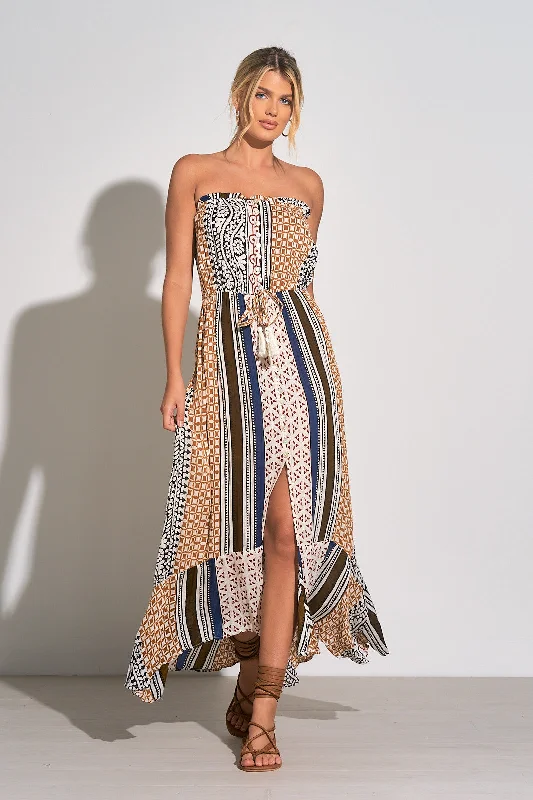 Strapless Maxi Dress with Front Slit - Brown Marrakesh Trendy Off-Shoulder Ruffle Maxi Dress Strapless Maxi Dress with Front Slit - Brown Marrakesh Trendy Off-Shoulder Ruffle Maxi Dress