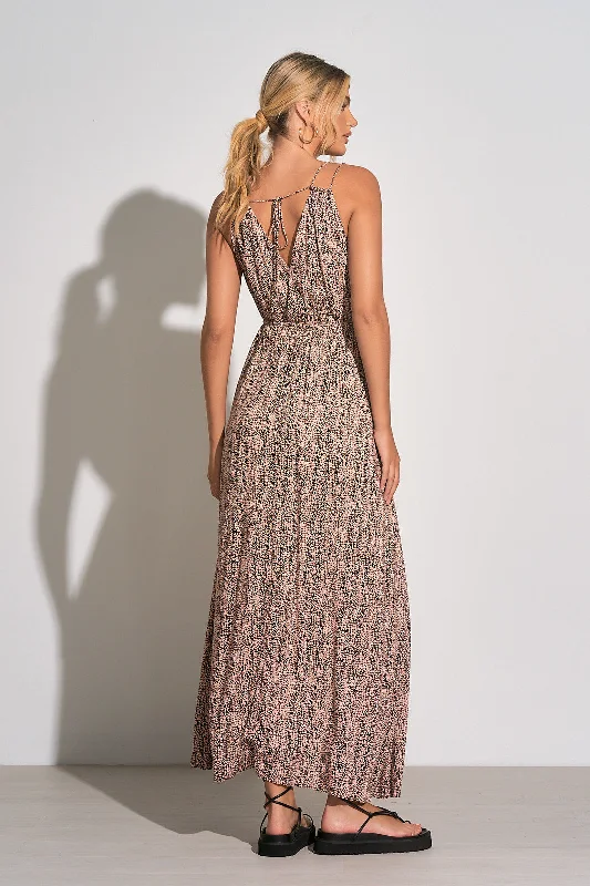 V-Neck Tie Back Maxi Dress - Pink/Brown Elegant Maxi Dress with Ruffles