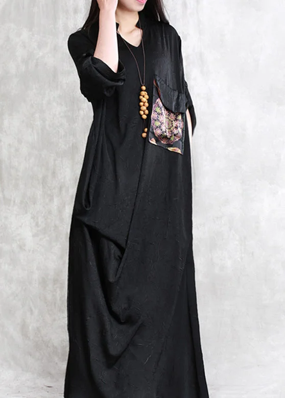 Elegant Black Print Patchwork Linen Maxi Dress Half Sleeve Elegant Maxi Dress with Pockets Elegant Black Print Patchwork Linen Maxi Dress Half Sleeve Elegant Maxi Dress with Pockets