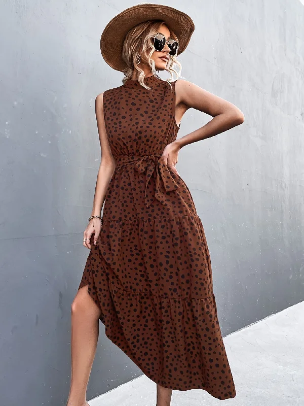 Dot Print Sleeveless High Neck Belt Waist Maxi Dress Comfortable Long-Sleeve Maxi Dress Dot Print Sleeveless High Neck Belt Waist Maxi Dress Comfortable Long-Sleeve Maxi Dress
