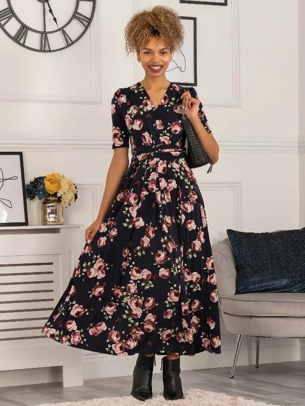 Elisha Print Jersey Maxi Dress, Navy Floral Stylish Longline Maxi Dress