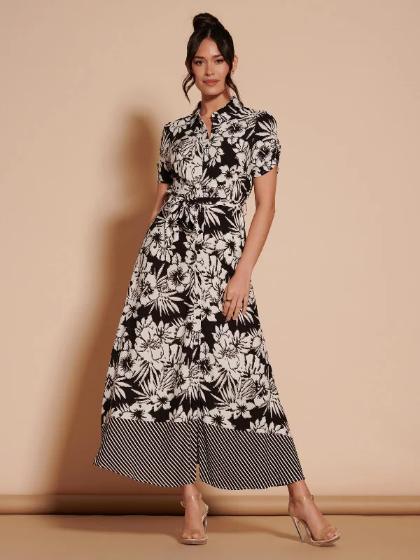 Elsie Floral Viscose Shirt Maxi Dress, Black Multi Chic Boho Print Maxi Dress