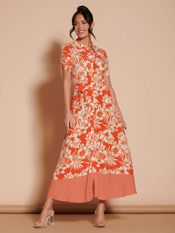 Elsie Floral Viscose Shirt Maxi Dress, Orange Multi Chic Boho Print Maxi Dress