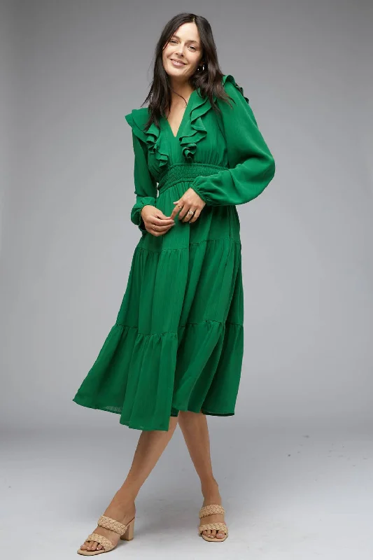EMERALD GREEN V-NECK LAYERED RUFFLED MAXI DRESS Casual Maxi Dress with Pockets