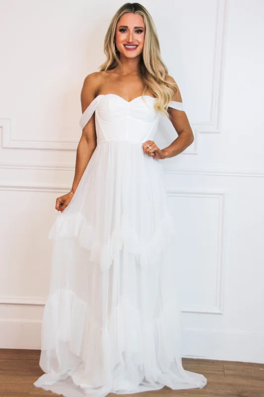 Enchanted Evening Off Shoulder Maxi Dress: White Trendy Printed Maxi Dress