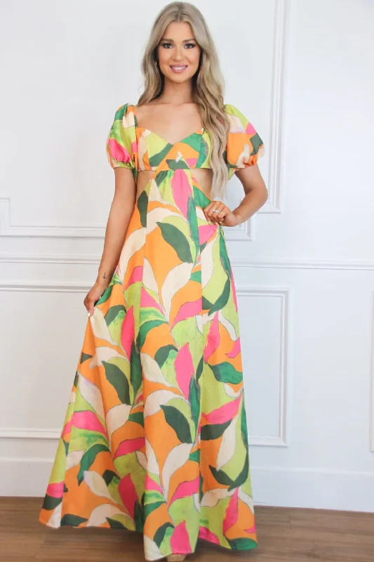 Eyes on Paradise Cutout Floral Maxi Dress: Orange/Lime Multi Elegant Boho Maxi Dress