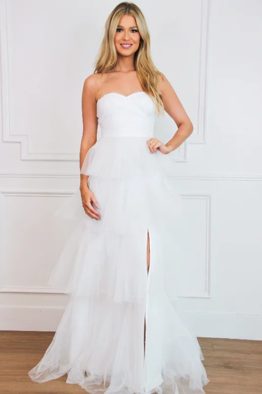Fairytale State of Mind Tiered Tulle Maxi Dress: White Cozy Ribbed Maxi Dress