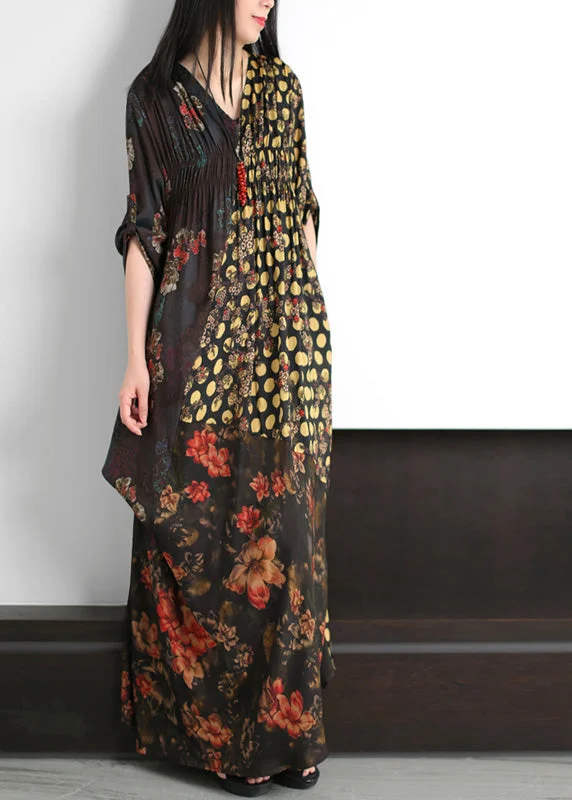 Fashion Black V Neck Asymmetrical Print Wrinkled Silk Maxi Dress Summer Cozy Maxi Dress with Slit Fashion Black V Neck Asymmetrical Print Wrinkled Silk Maxi Dress Summer Cozy Maxi Dress with Slit