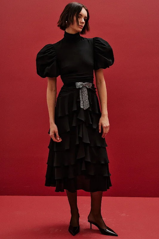 Faye Puff Sleeved Maxi Dress | Black Trendy Maxi Dress with Bow
