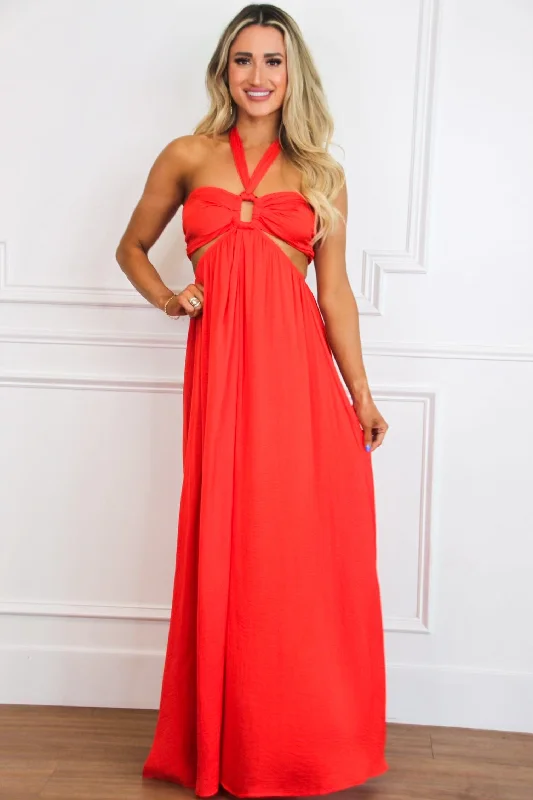 Feel the Sunshine Cutout Maxi Dress: Coral Cozy Cold-Shoulder Maxi Dress