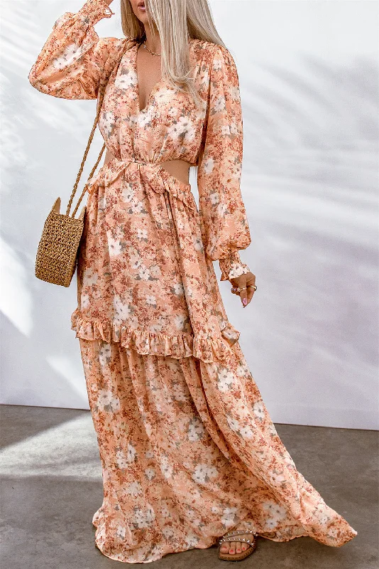 FLORAL CUT OUT MAXI DRESS Trendy Fit-and-Flare Maxi Dress