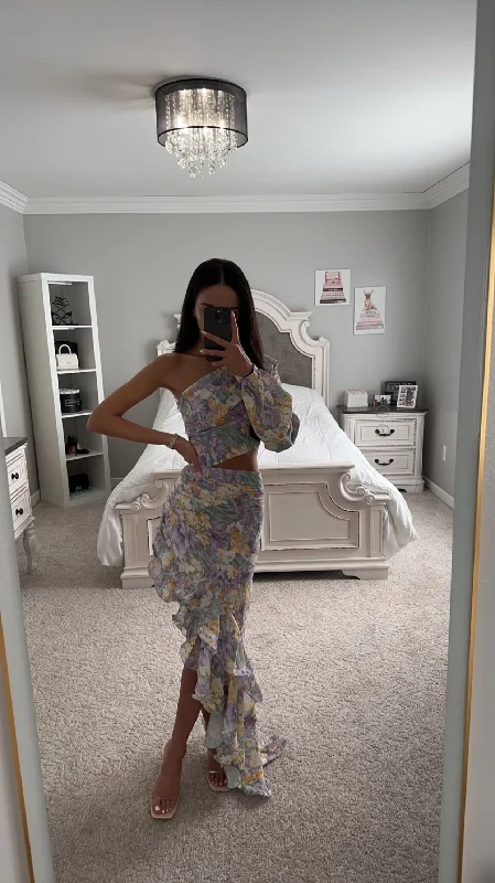 FLORAL ONE SHOULDER RUFFLE HEM MAXI DRESS Elegant Lace-Up Maxi Dress