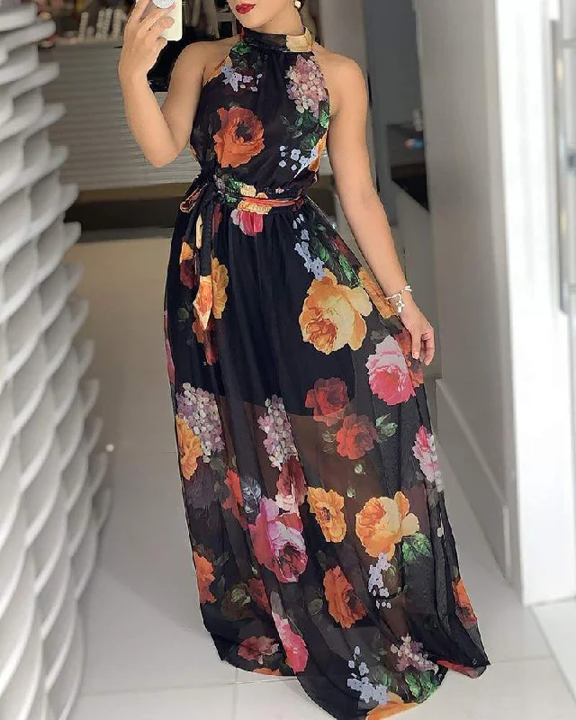 Floral Print Round Neck Maxi Dress Classic Strapless Maxi Dress