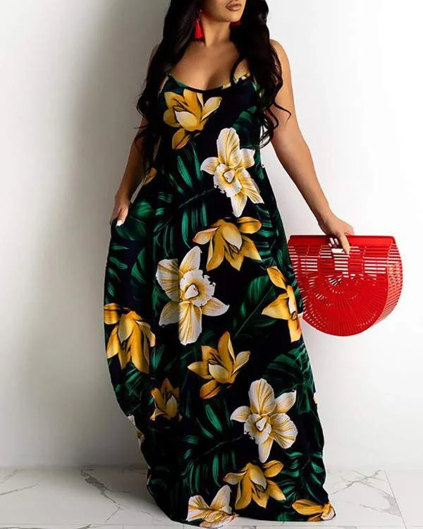 Floral Print Spaghetti Strap Casual Maxi Dress Trendy Satin Maxi Dress