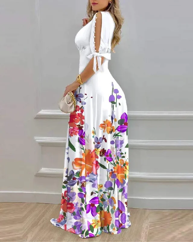 FLORAL PRINT SPLIT SLEEVE PEARLS DECOR MAXI DRESS Chic Button-Up Maxi Dress
