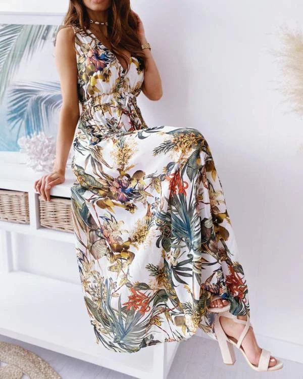 Floral Print Thick Strap V Neck Lace Up Maxi Dress Elegant Maxi Dress with Ruffles