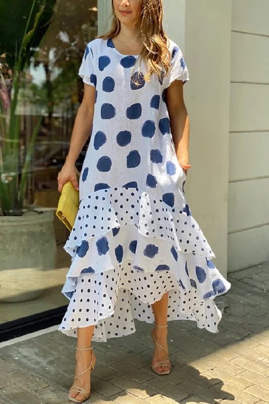 Flowy Polka Dots Pocketed Tiered A-line Maxi Dress Fashionable Layered Maxi Dress