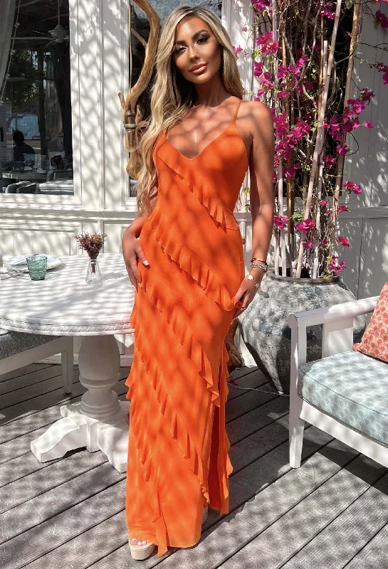 Frilling Temptation Orange Frilled Lace Up Back Cami Maxi Dress Classic A-Line Maxi Dress Frilling Temptation Orange Frilled Lace Up Back Cami Maxi Dress Classic A-Line Maxi Dress