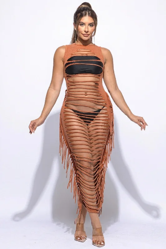 Fringe Cut Out Maxi Dress Comfortable Long-Sleeve Maxi Dress