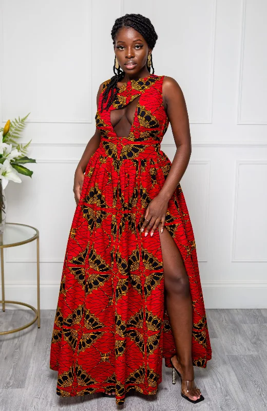 Front Mesh Panel African Print Sleeveless Maxi Dress - CORDELIA Comfortable Ruffle Maxi Dress Front Mesh Panel African Print Sleeveless Maxi Dress - CORDELIA Comfortable Ruffle Maxi Dress