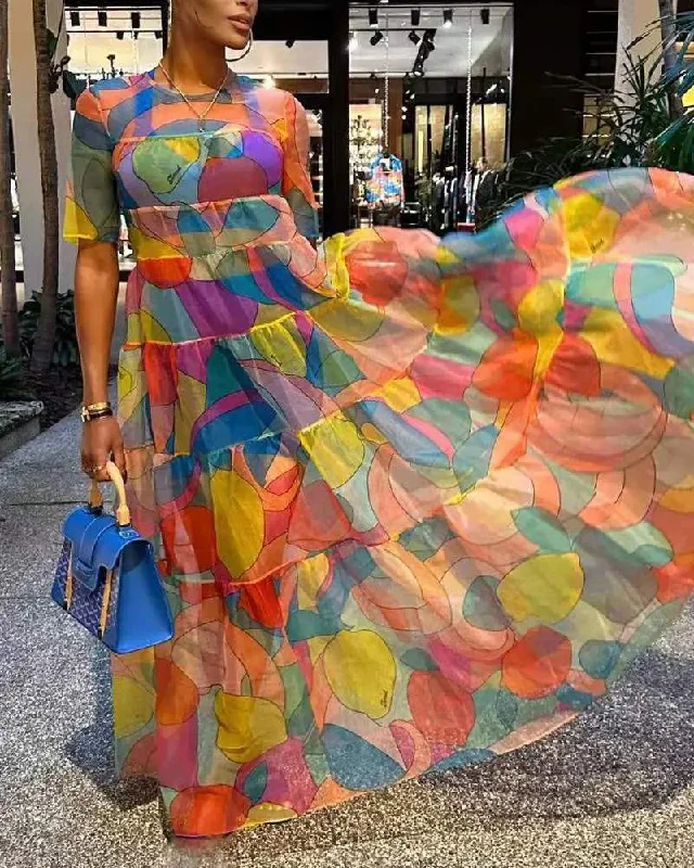FRUIT PRINT SHORT SLEEVE MAXI DRESS Trendy Ruffled Maxi Dress