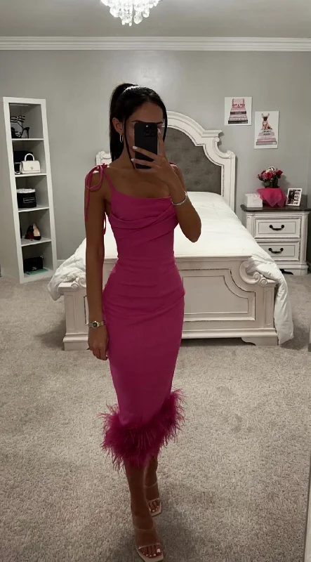 FUCHSIA FEATHER TRIM MAXI DRESS Elegant Floral Maxi Dress