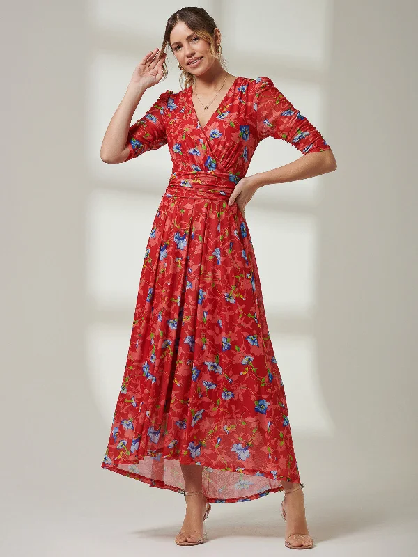Gavina Ruched Sleeve Mesh Maxi Dress, Red Multi Comfortable Fit-and-Flare Maxi Dress Gavina Ruched Sleeve Mesh Maxi Dress, Red Multi Comfortable Fit-and-Flare Maxi Dress