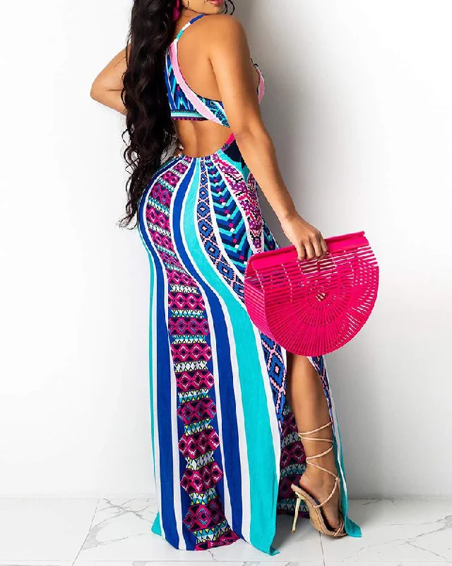 Geo Pattern Striped Print Cutout Backl Maxi Dress Trendy Short Sleeve Maxi Dress