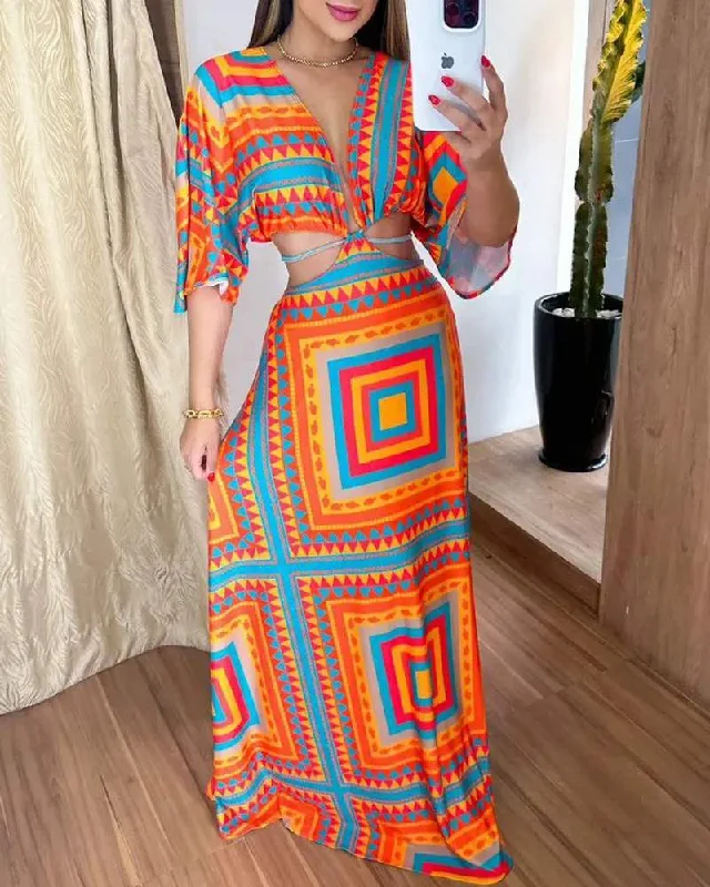 GEOMETRIC PRINT PLUNGE BATWING SLEEVE MAXI DRESS Fashionable High-Low Maxi Dress