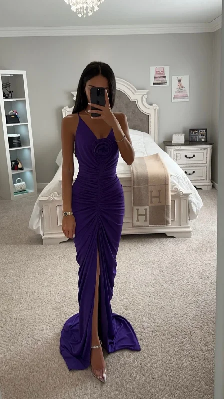 GINA PURPLE DEEP V BACKLESS MAXI DRESS Fashionable Off-Shoulder Maxi Dress