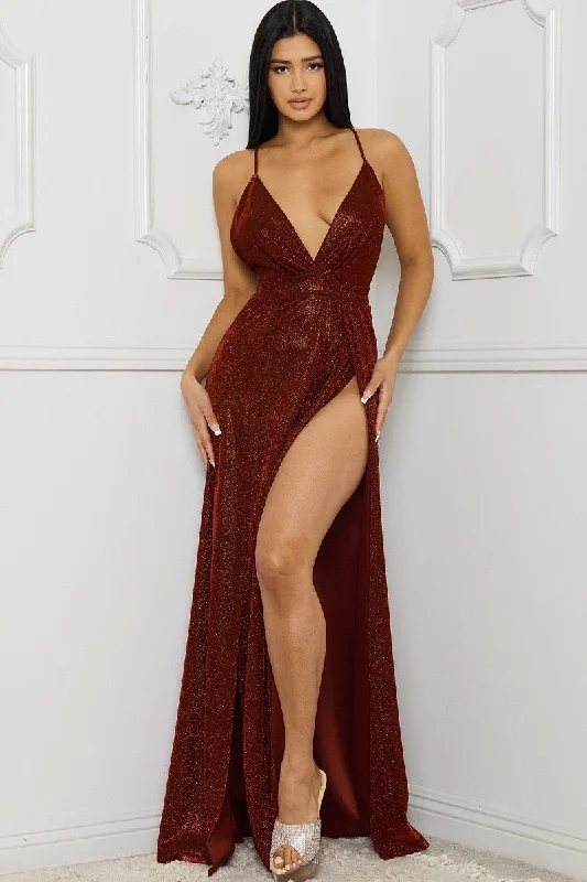 Glitter Fabric Sweetheart Surplice Maxi Dress in Burgundy Elegant Sleeveless Maxi Dress