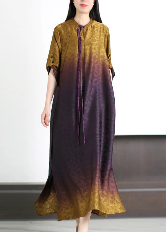 Gradient Color Purple Print Side Open Silk Maxi Dresses Summer Comfortable Bohemian Maxi Dress Gradient Color Purple Print Side Open Silk Maxi Dresses Summer Comfortable Bohemian Maxi Dress