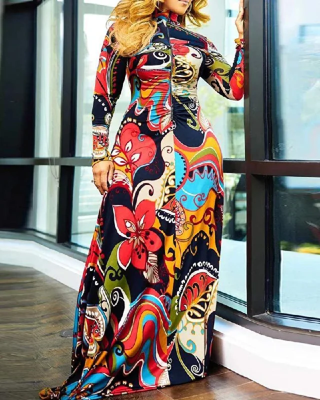 Graphic Floral Print Zipper Design Maxi Dress Stylish Boho Maxi Dress